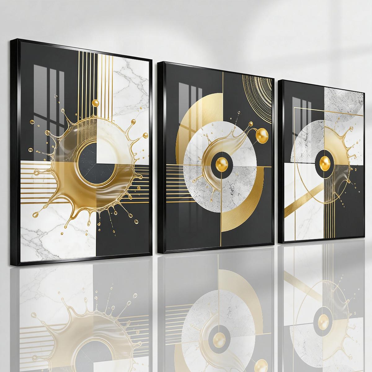 3 Counts Aluminum Alloy Framed Painting, Abstract Golden Splash Geometric Art Pictures, Home Decoration For Living Room, Bedroom, Office, Restaurant, Hallway Wall Decor, Odorless Print Artwork, Luxury Perfect Gift For Friends And Family
