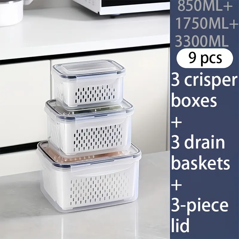 3Piece Plastic Food Storage Containers Set with Lids and Strainers Airtight Leakproof Freezer Safe Fridge Storage Container Reusable Food Storage for Fruit Vegetable Meal Prep Kitchen Organization