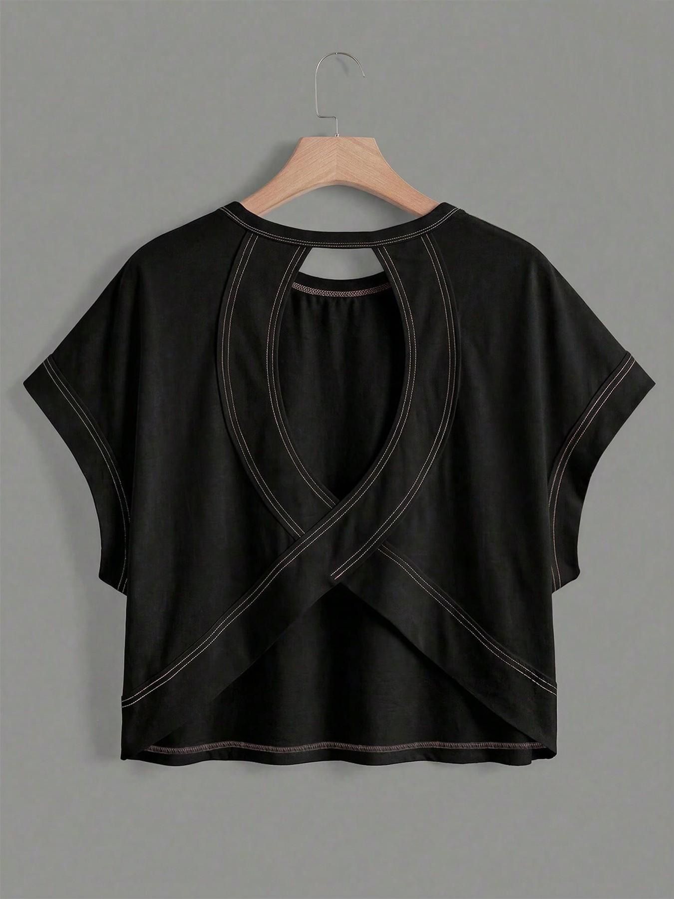 Women's Cut Out Back Batwing Sleeve Tee, Stylish Fashion Top, Unique Design, Minimalist, Perfect for Casual Wear, Comfortable & Trendy