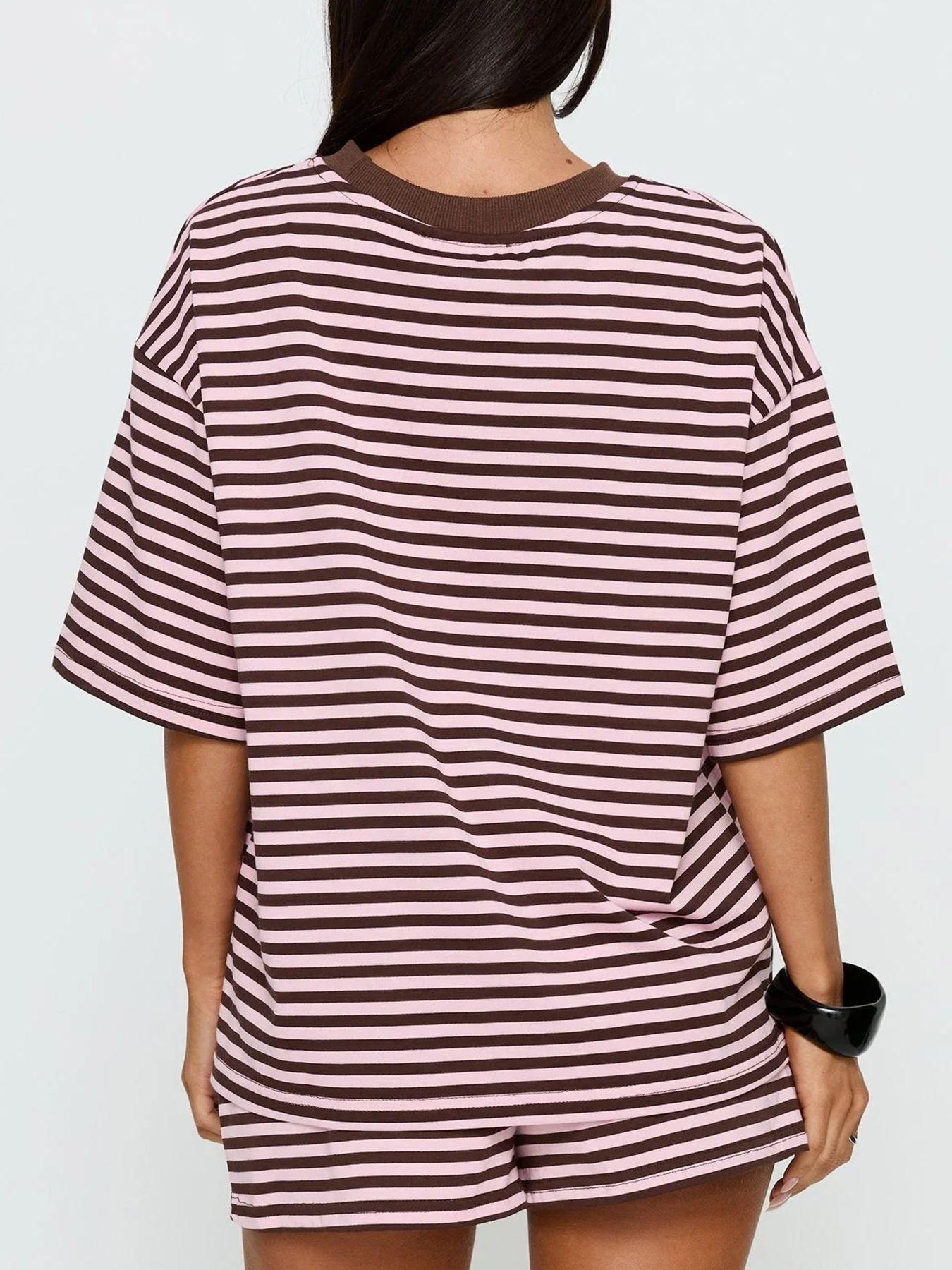 Summer New Women's 2-Piece Cotton Breathable Striped Short Sleeve Shorts Set, Stripe T-Shirt with Elastic Waist Pockets, Casual Fashion Ensemble, Womenswear, Summer Loungewear Sets