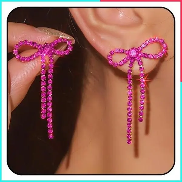 Pink Bow Earrings for Women, Sparkly Dangling Bridal Earrings, Trendy Wedding Jewelry
