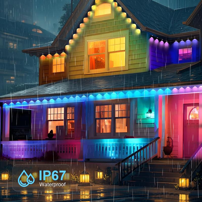 GLITGATE Permanent Eaves Light,  Outdoor Lighting With RGBIC, Permanent Outdoor Lights, Holiday Decorations for Party, Music Rhythm , Remote Control & Bluetooth APP Link, IP67 Waterproof, 50/100 Feet Long, for Festival and Daily  Decor