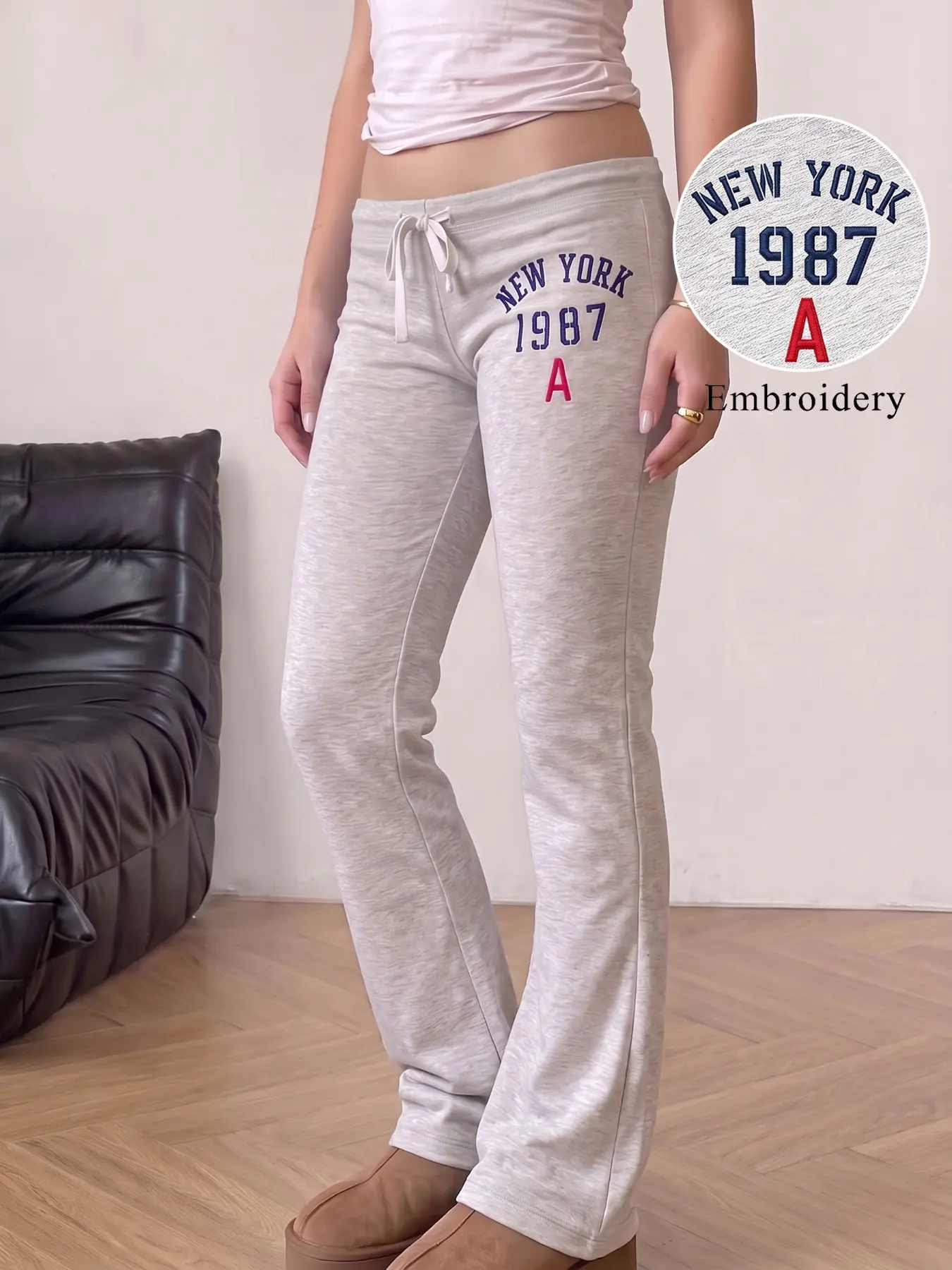 Heather Grey Low Waist Adjustable Drawstring Micro Flare Sweatpants For Women, New York 1987 Letter Embroidery Slim Bootcut Casual Trousers, Soft Stretch Y2K Street Loungewear Pants For Daily Autumn Going Out Wear