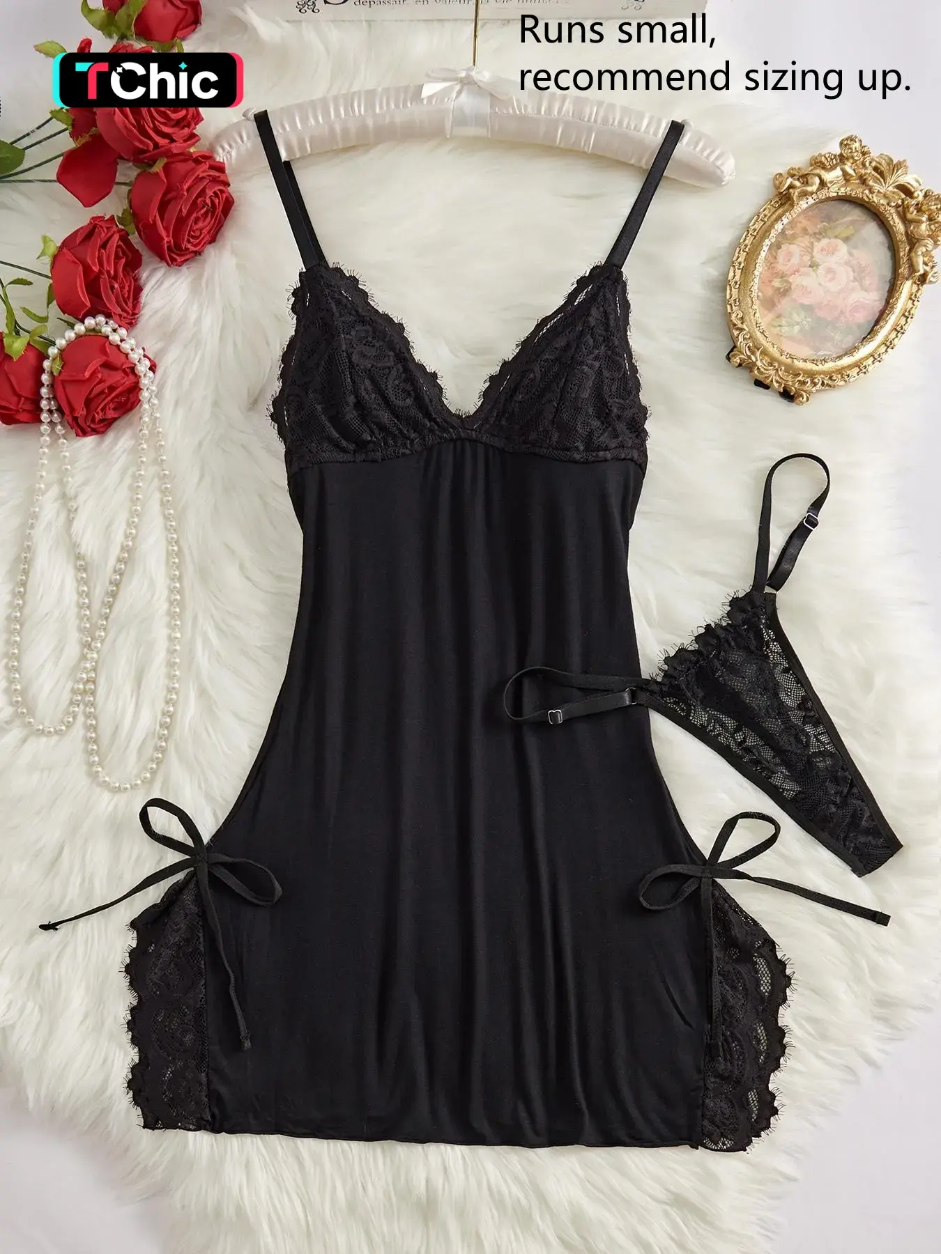 Women's Bow Decor Contrast Lace Spaghetti Strap Cami Fitted Knit Nightdress & Thong Set, Comfy Soft Sexy Underwear Lingerie for All Seasons, Fashion Style Ladies Sleepwear & Homewear Loungewear, Lace Babydoll Nightwear