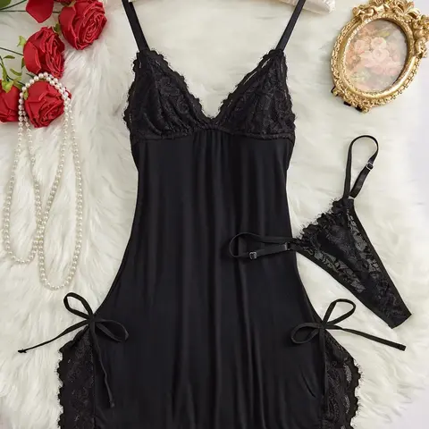 Women's Bow Decor Contrast Lace Spaghetti Strap Cami Fitted Knit Nightdress & Thong Set, Comfy Soft Sexy Underwear Lingerie for All Seasons, Fashion Style Ladies Sleepwear & Homewear Loungewear Camisole Nightgown #GLOBAL PICKS
