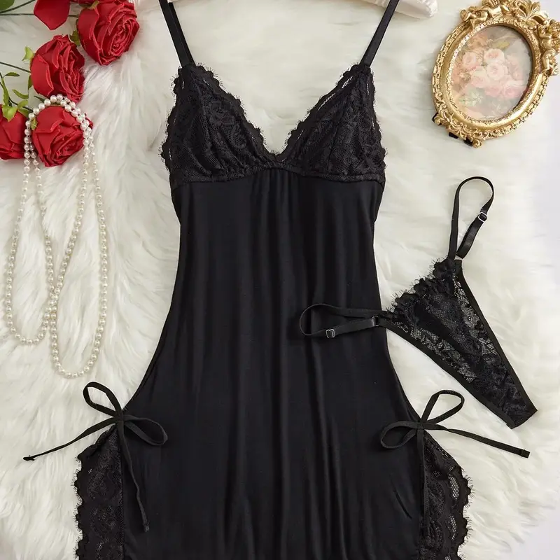 Women's Bow Decor Contrast Lace Spaghetti Strap Cami Fitted Knit Nightdress & Thong Set, Comfy Soft Sexy Underwear Lingerie for All Seasons, Fashion Style Ladies Sleepwear & Homewear Loungewear Camisole Nightgown #GLOBAL PICKS