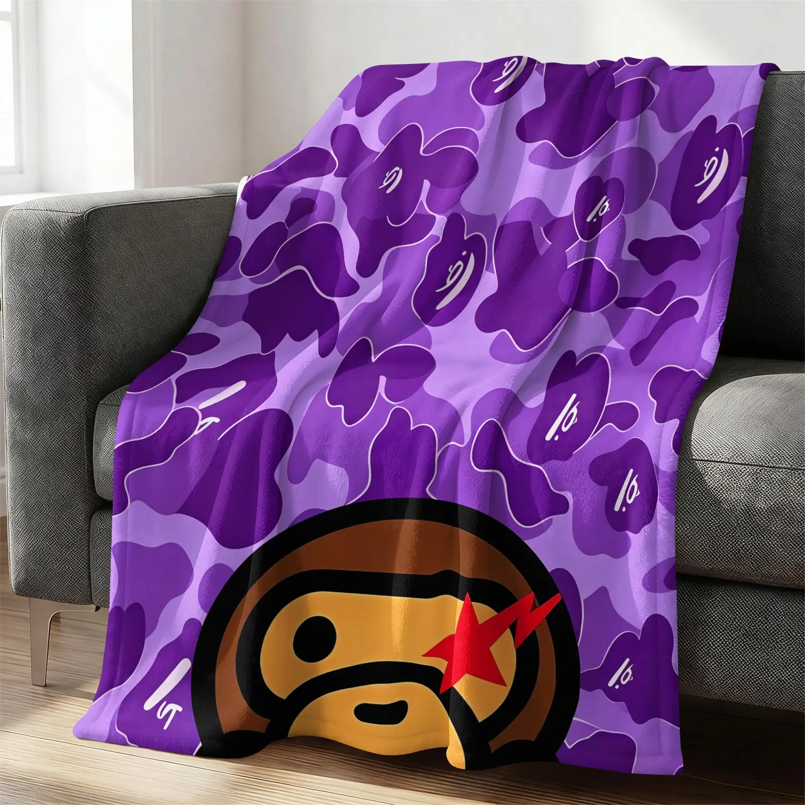 All Season Flannel Blanket, Purple Camouflage Street Cartoon Graphic Fleece Throw Blanket, Monkey Head With Red Star Pattern Warm Nap Blanket, Portable Travel Home Decor Blanket