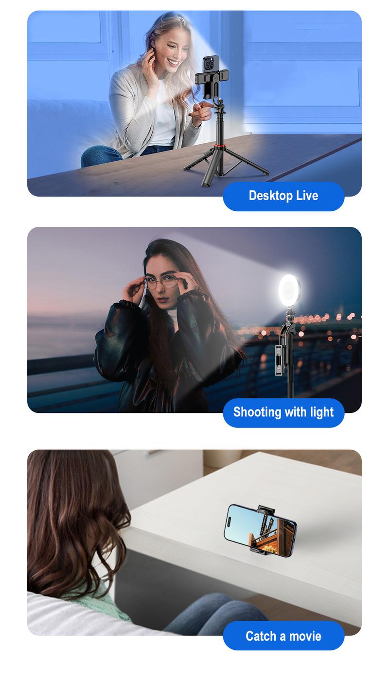 52"Portable alloy frame selfie tripod with wireless Bluetooth controller and detachable fill light,Easy to carry outdoors,Selfie Stick