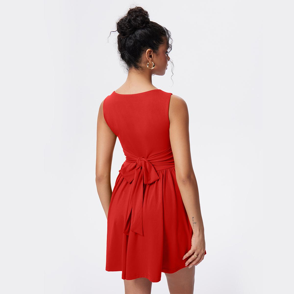 OYV Women's Summer Sleeveless Square Neck A-line Ruffle Hem Mini Tank Dress with Pockets