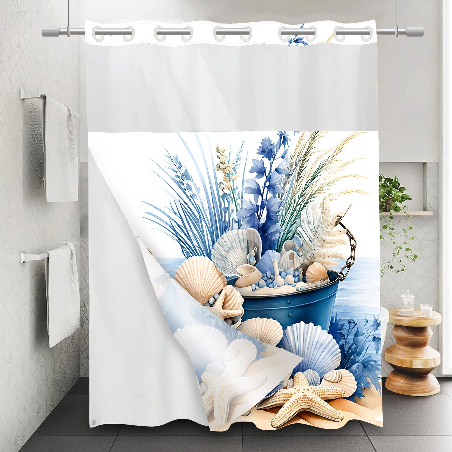 LVRLVR 1pc Coastal Nautical Blue Seashell Starfish Summer Bathroom Aesthetic Shower Curtain, Beach Watercolor Print, Sheer Top Window, Detachable Liner & No Hook C-Ring, 70.8" x 74"