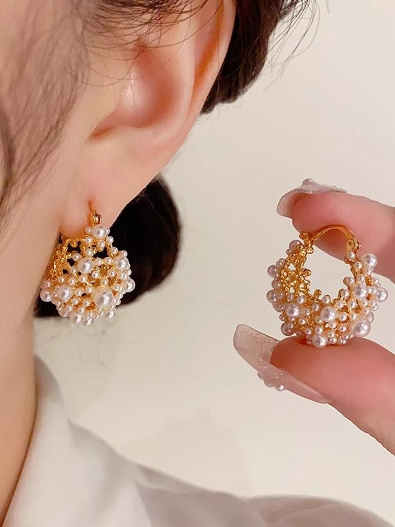 French Vintage Hollow Out Faux Pearl Basket Design Earrings, Fashionable Elegant Women's Daily Party Versatile Delicate Earings, Fashionable Hoop Earrings