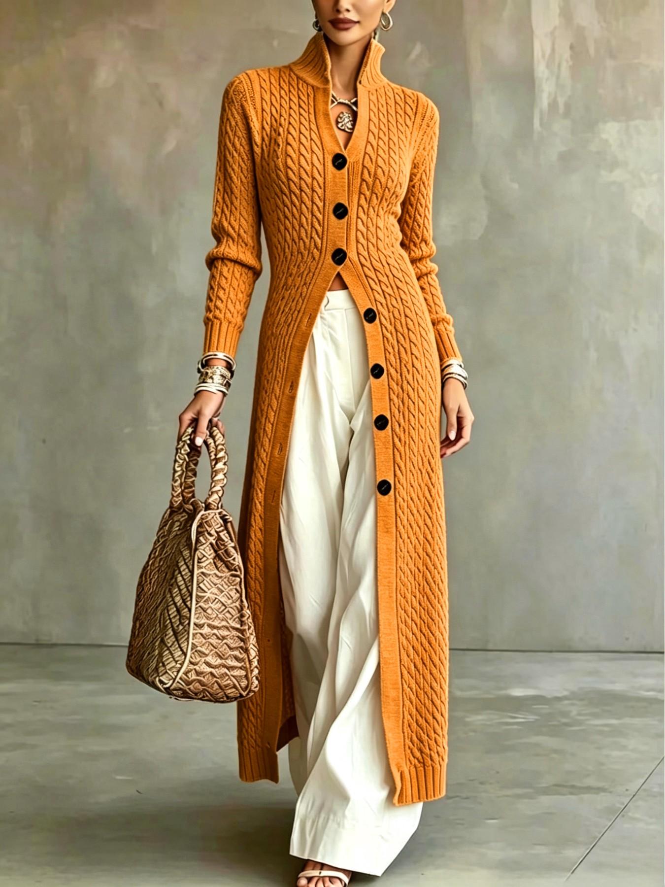 Women's Cable Knit Long Cardigan, Stand Collar Single Button Fall Winter Commute Jacket, Slim Fit Elegant Outerwear for Daily Wear Knitwear