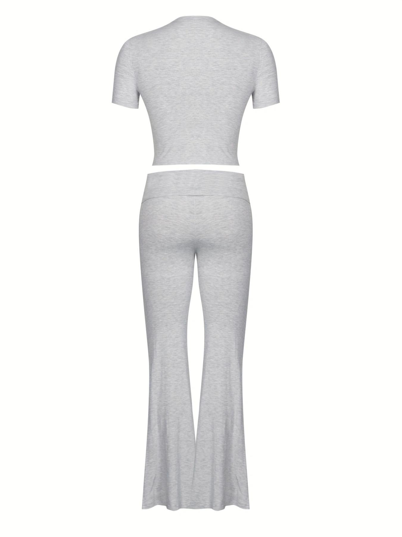 Women's Solid Round Neck Crop Top & Skinny Pants Loungewear Set, Summer Outfits 2024, Casual Comfy Pyjama Set for Women, Comfy Loungewear Set for Women Home Wear, Pyjamas for Women