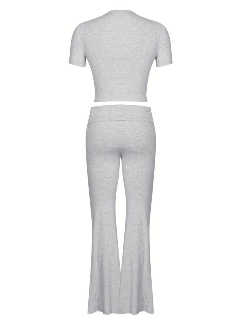 Women's Solid Round Neck Crop Top & Skinny Pants Loungewear Set, Summer Outfits 2024, Casual Comfy Pyjama Set for Women, Comfy Loungewear Set for Women Home Wear, Pyjamas for Women