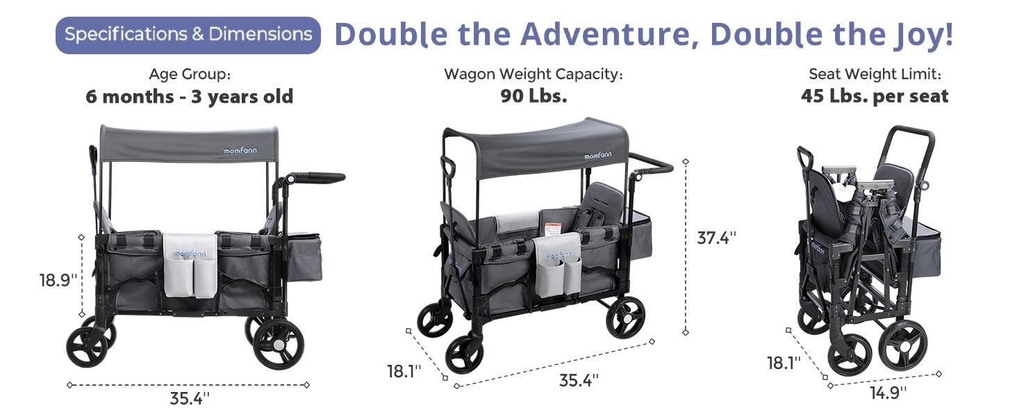 Momfann 2 Seaters Baby Stroller Wagon for Kids, All-Terrain Baby Wagon Outdoor with Canopy, Parent Organizer, Adjustable Handle