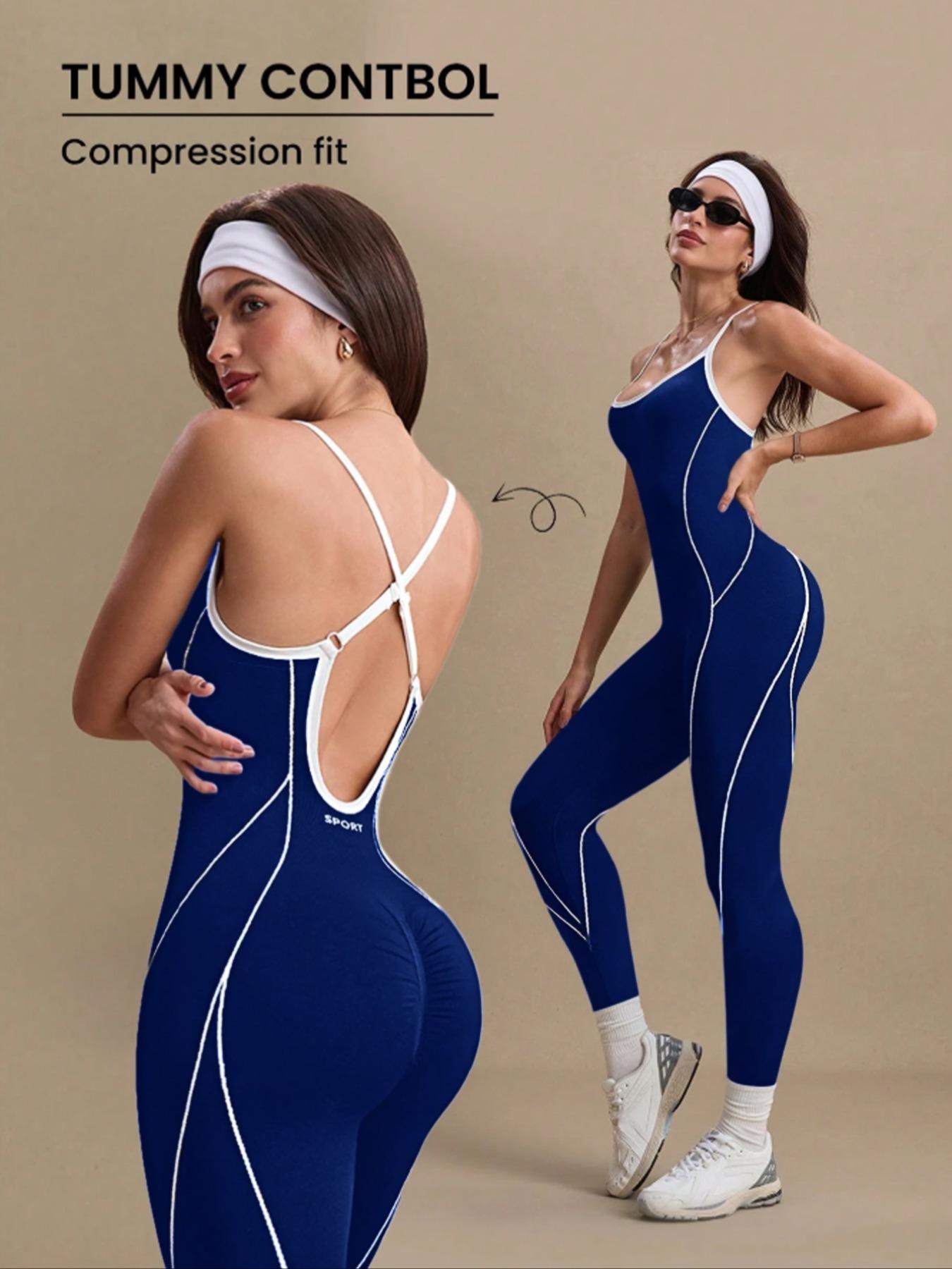 Women's Colorblock U Neck Adjustable Strap High Elastic Yoga Jumpsuit, Sporty Sleeveless Fitness, All Season Comfortable Wear, Workout Jumpsuit, Tummy Control Jumpsuit