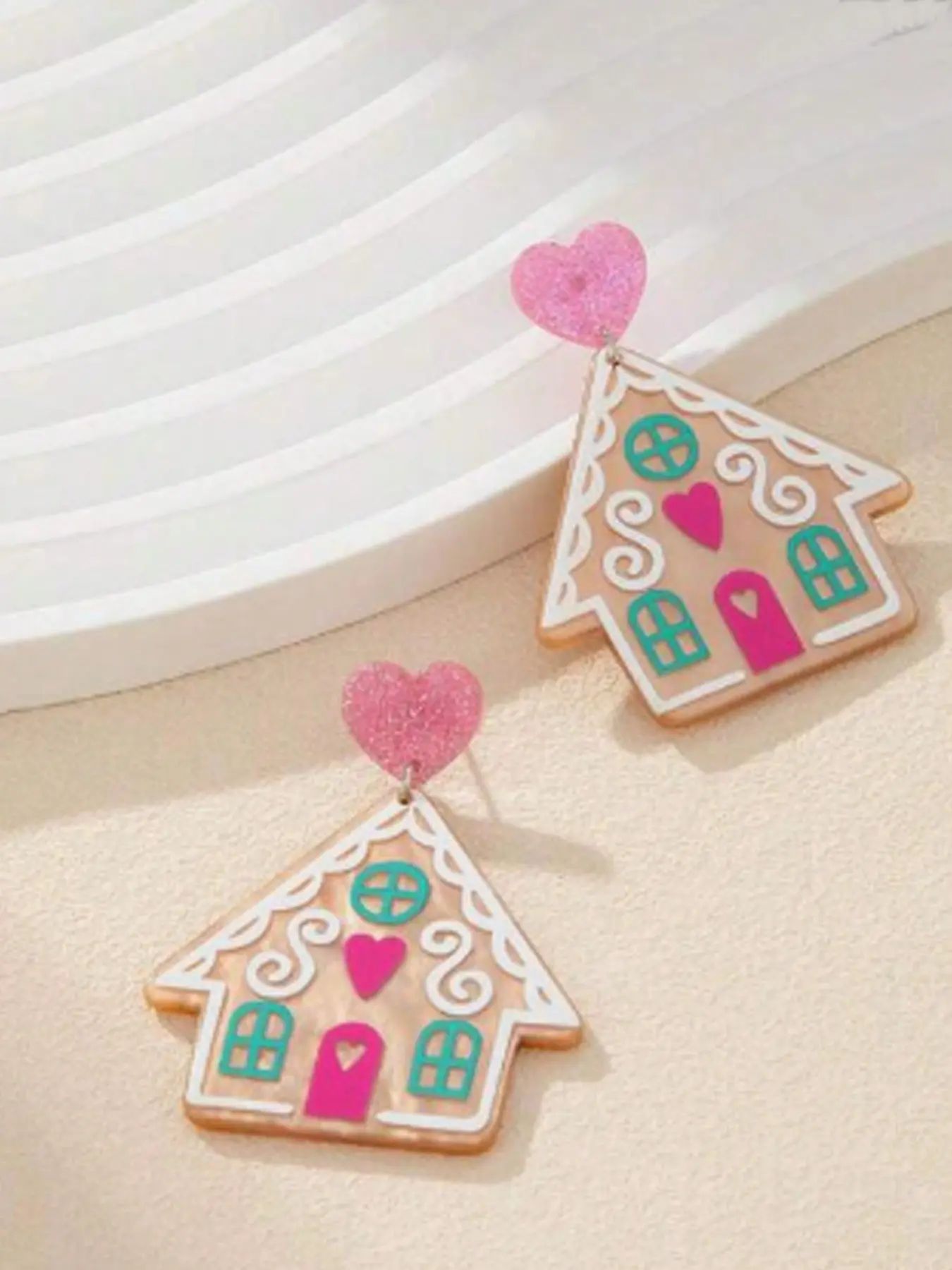 Christmas Cartoon Candy House Earrings, Glitter Heart Patchwork Vintage Gingerbread House, Exaggerated Long Studs, Festive Jewelry