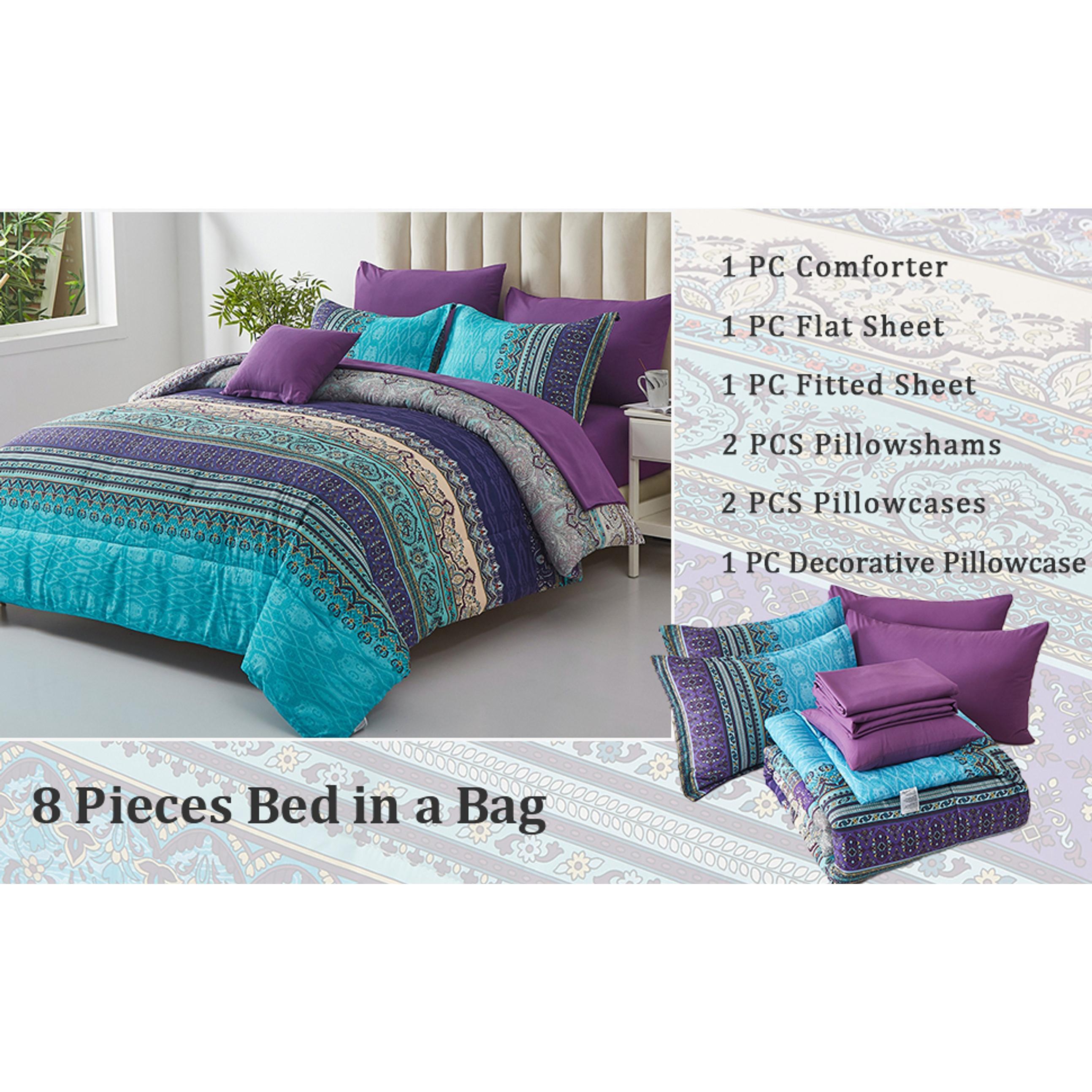 Boho Comforter Set Queen Size 8 Piece Bed in a Bag Bohemian Striped Bedding Quilt Set Aqua Paisley Floral Comforter and Sheet Set,Soft Microfiber Complete Bedding Sets for All Season