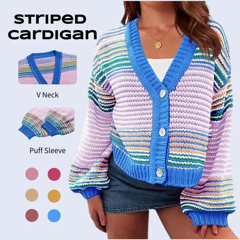 lmily Bela Womens Striped Cardigan Sweaters Oversized Puff Sleeve Button Up V Neck Color Block Knit Sweater Coat