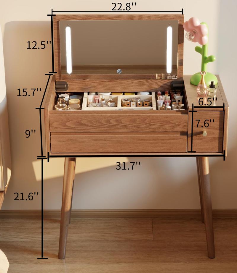 【Eco-Friendly】Elegant Handicraft Vanity, 100% Solid Wood - NO MDF, with Mirror and Lights, Dressing Vanity Table, Large Wooden Make Up Vanity Table for Bedroom (with Adapter)