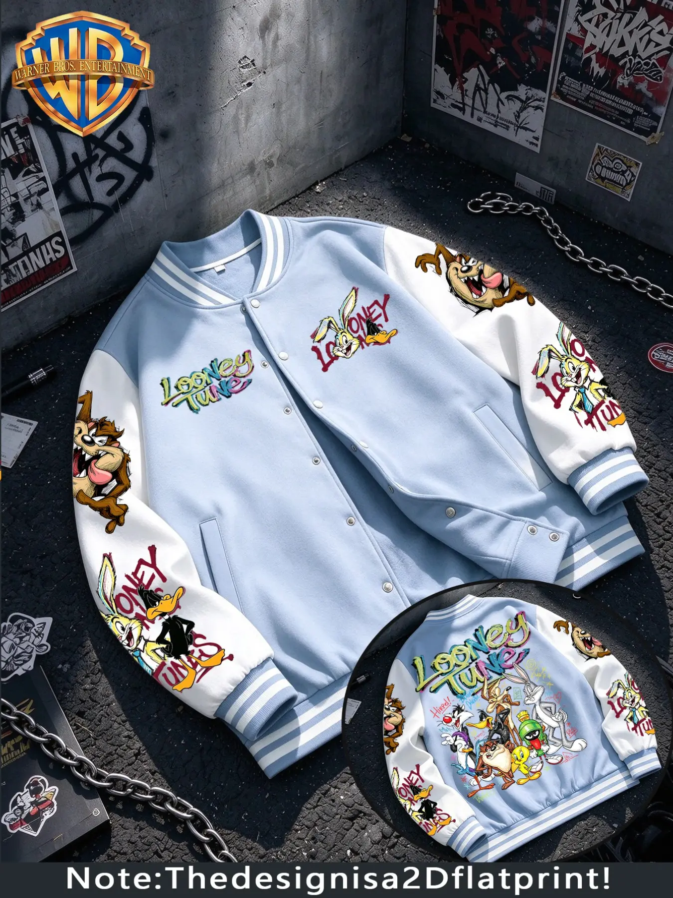arner Bros Official Licensed Looney Tunes All Characters Graffiti Print Varsity Jacket, Color Block Baseball Coat, Street Fashion Top, Fleece Lined Warm for Fall & Winter, Suitable for Sports, Outdoor, Hiking & Travel, Ideal for Daily, Commute & Home Wear