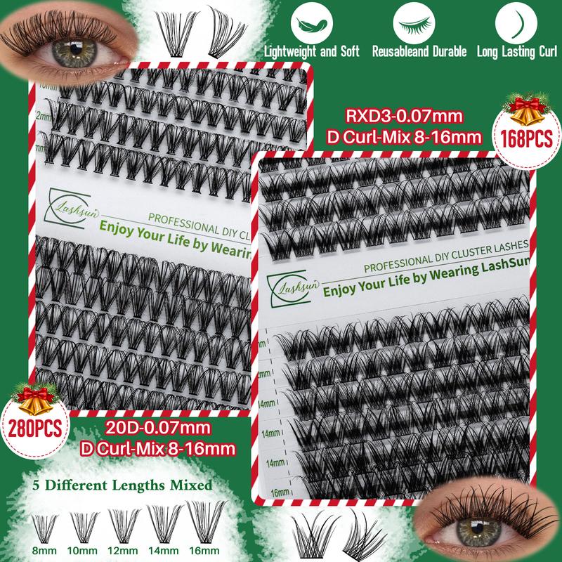 LASHSUN CHRISTMAS GIFT 10PCS Kit , D Curl 8-16mm DIY Lash Clusters Kit Multi-Type Lash Volume Eyelash Clusters with Bond&Seal Lash Remover Lash Brush Tweezers Eyelash Set