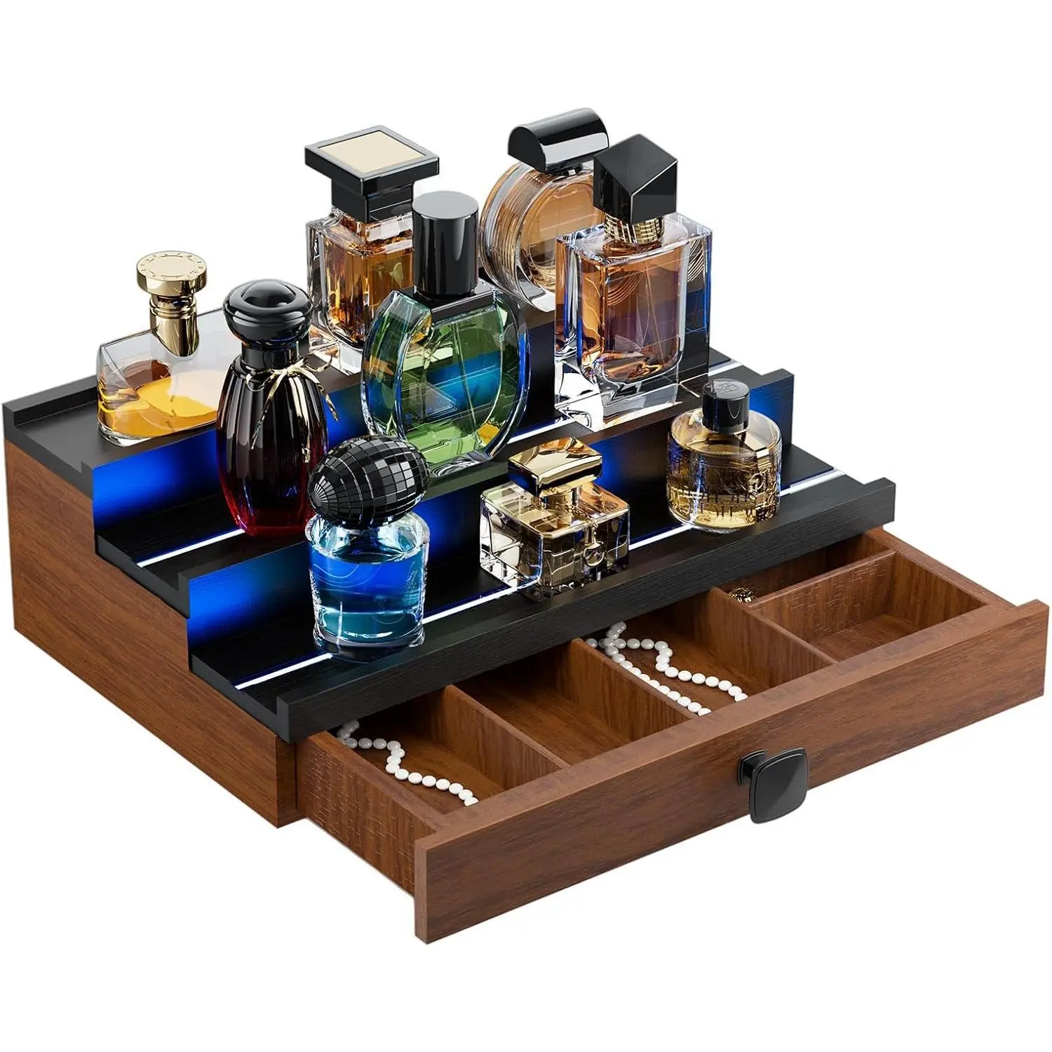 Wooden 3-Tier Cologne Stand Display for Men - LED-Lit Perfume Storage Organizer with Cabinet, Drawer, Desktop Bedroom Use for Makeup, Lotion, Jewelry, Male Decor