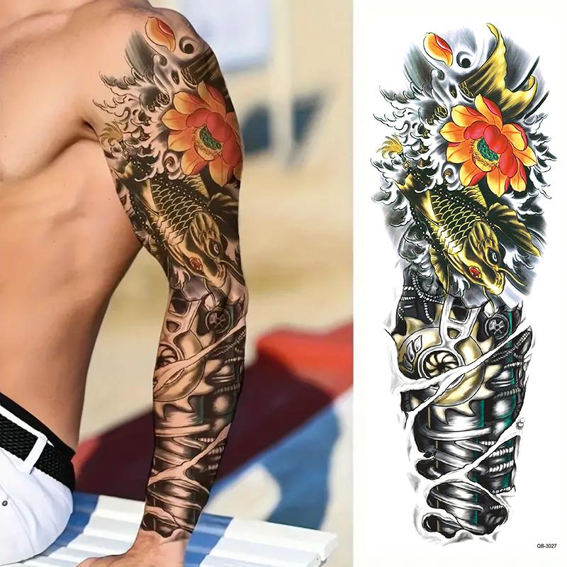 12 Temporary Full Arm Tattoos, Colorful Skull Lion Tiger Fish Tribal Dragon Stickers, Waterproof Realistic Body Art for Men & Women, Temporary Fake Tattoo