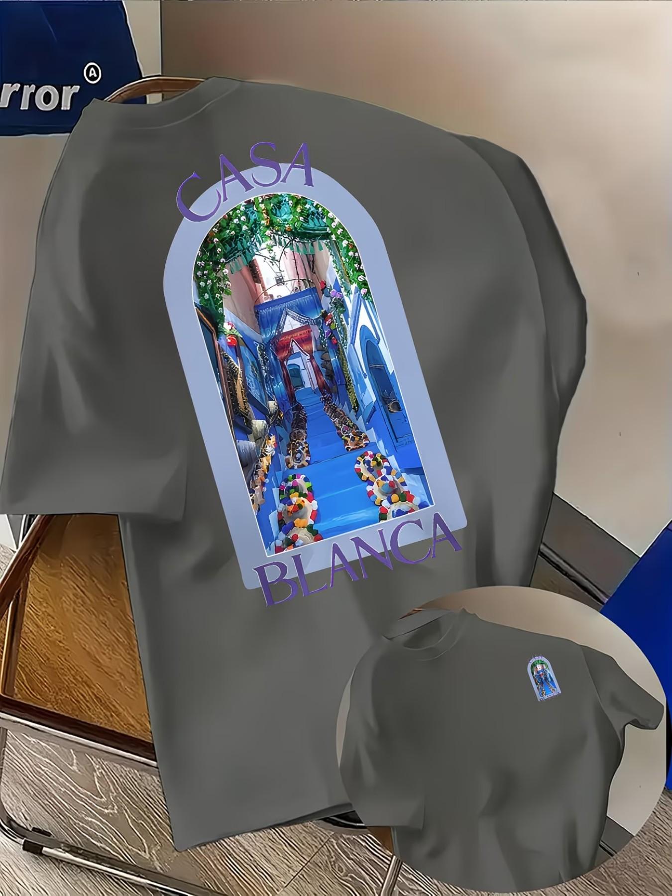 "casablanca" Creative Animal Print Men's Round Neck Short Sleeve, Comfortable Material, Fashion Trendy, Suitable for All Seasons