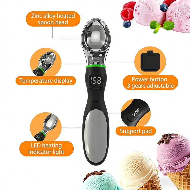 Rechargeable Electric Ice Cream Scoop, 2 Ounces Stainless Steel, LED Display, Ambient Light, Durable Hard Ice Cream Scoop