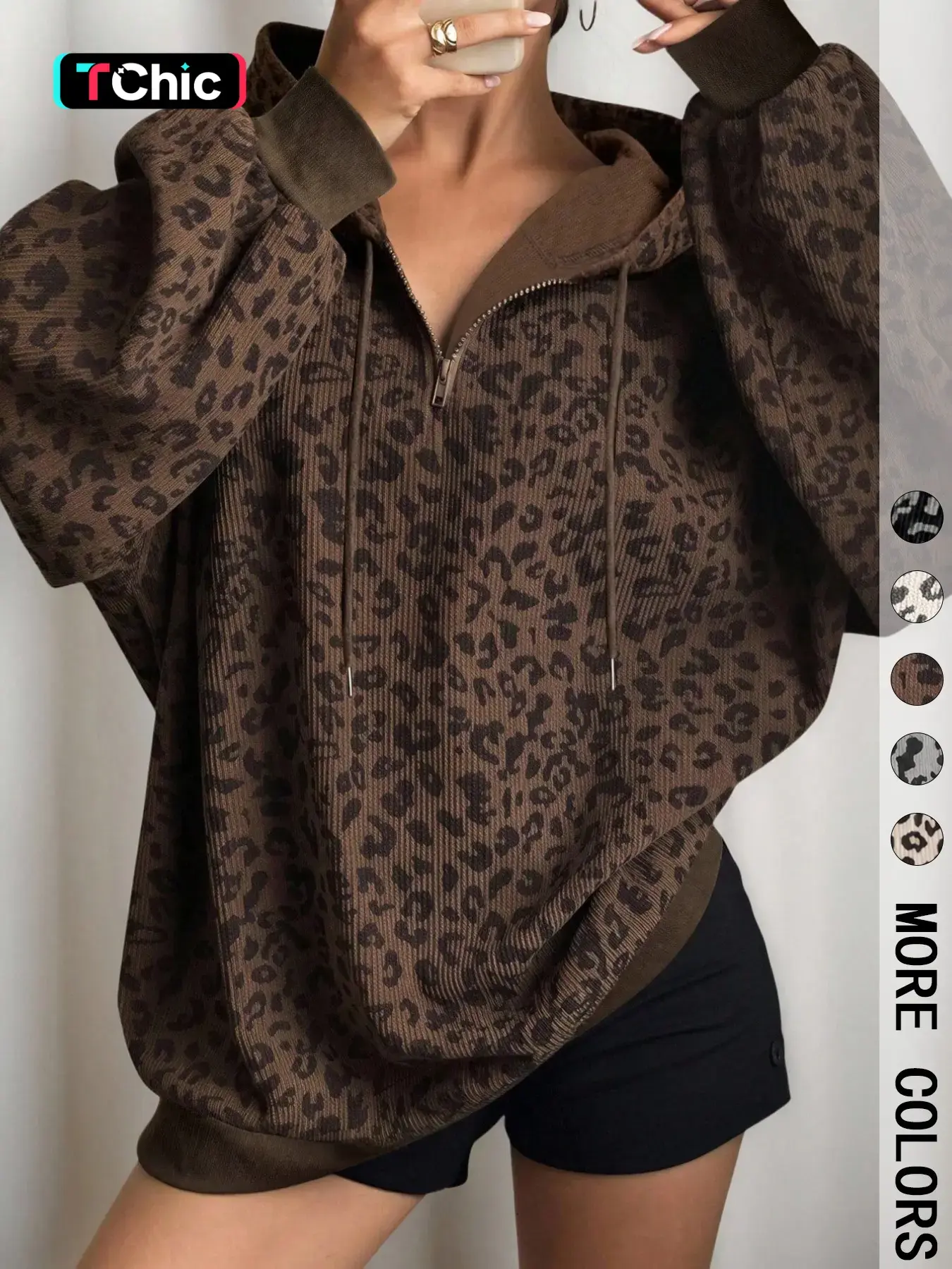 Women's Leopard Print Half Zip Hoodie Oversized Silhouette Drop Shoulder Long Sleeves Ribbed Trim Detail Drawstring Hood Trendy Streetwear Style Perfect for Daily Wear Casual Outings