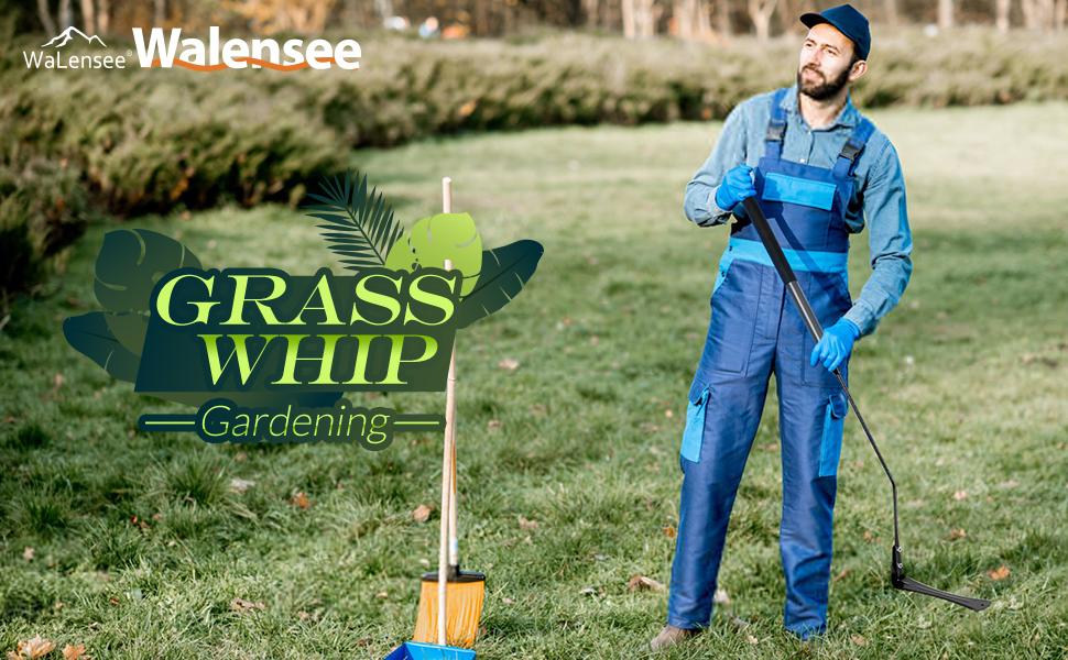 Walensee Grass Whip with Double-Edged Serrated Sharp Steel Grass Cutter with Soft Rubber 22-Inch Handle Cut Tall Grass and Overgrown Weeds in The Yard, Fields, and Ditches, Black,1 Pack