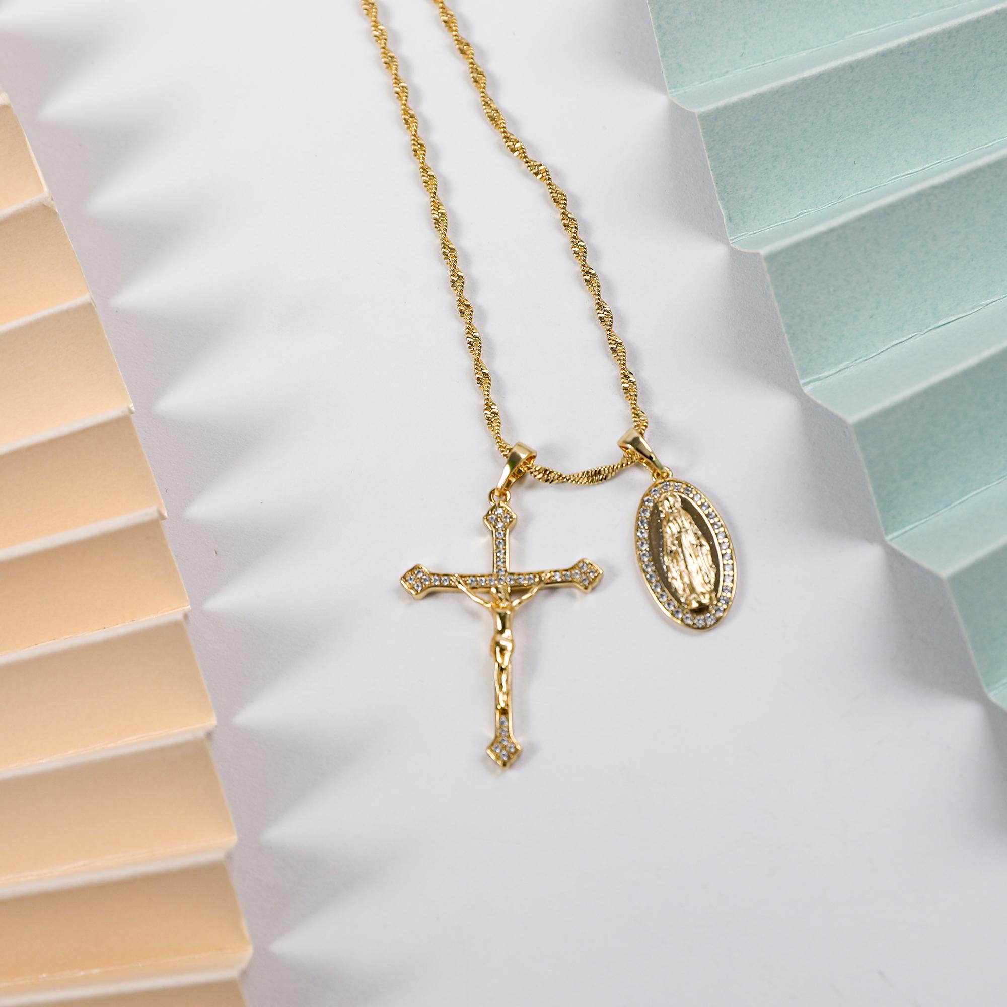 MYTYS 2 in 1 Virgin Mary & Jesus Pendant Necklace Religious Faith Inspired Cross Amulet Handmade Fashion Accessory for Women Men Gift Set