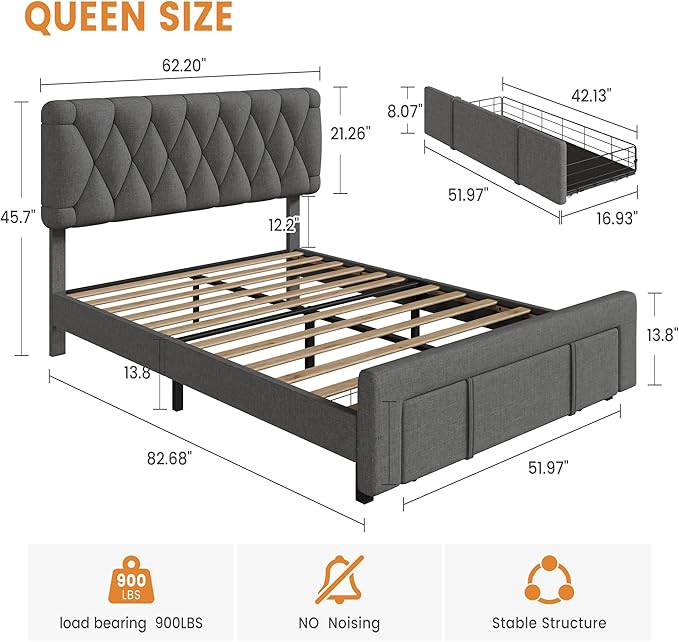 Bed Frame, Upholstered Platform Bed Frame with Storage Drawers, Mattress Foundation with Solid Wooden Slats Support, No Box Spring Needed