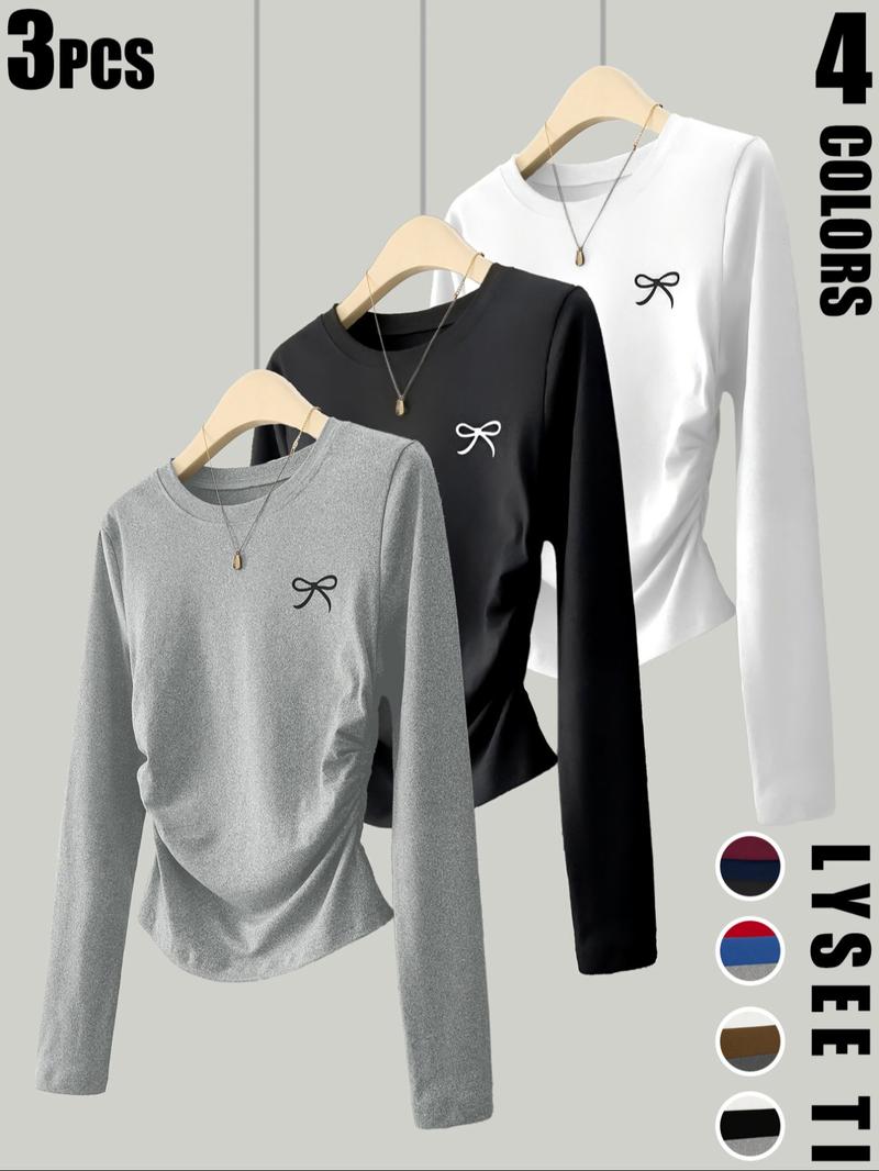 3pcs women's casual and fashionable slim fit small bow print details simple solid color pleated pullover shirt women's round neck long sleeved three piece T-shirt
