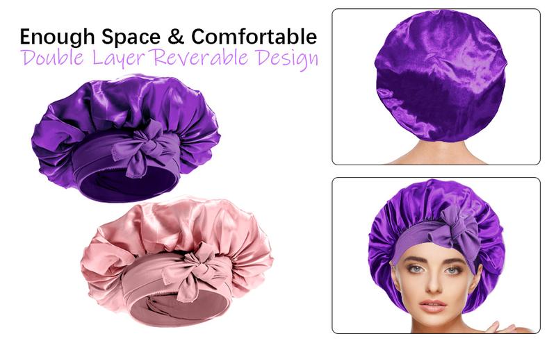 Silk Satin Bonnet for Women Sleeping Cap Double Layer Hair Bonnet with Adjustable Tie Band for Natural Curly Hair Pink Haircare Elastic