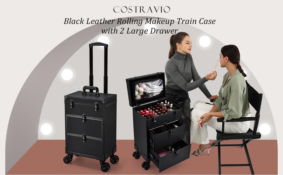 Joligrace Rolling Makeup Train Case Professional Cosmetic Trolley Nail Polish Organizer with 2 Large Drawers, Makeup Pouch for Artists Nail Technician Salon Cart Trunk Black
