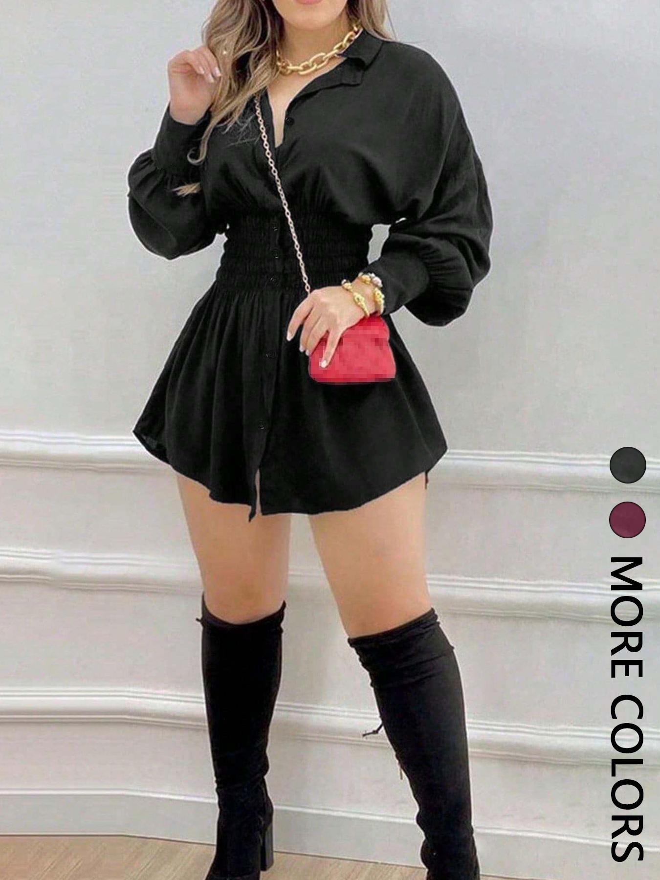 Women's Fashion Trendy Solid Color Ruched Waist Long Sleeve Dress, Casual Fitted Style, All Seasons Wear, Plain Pattern