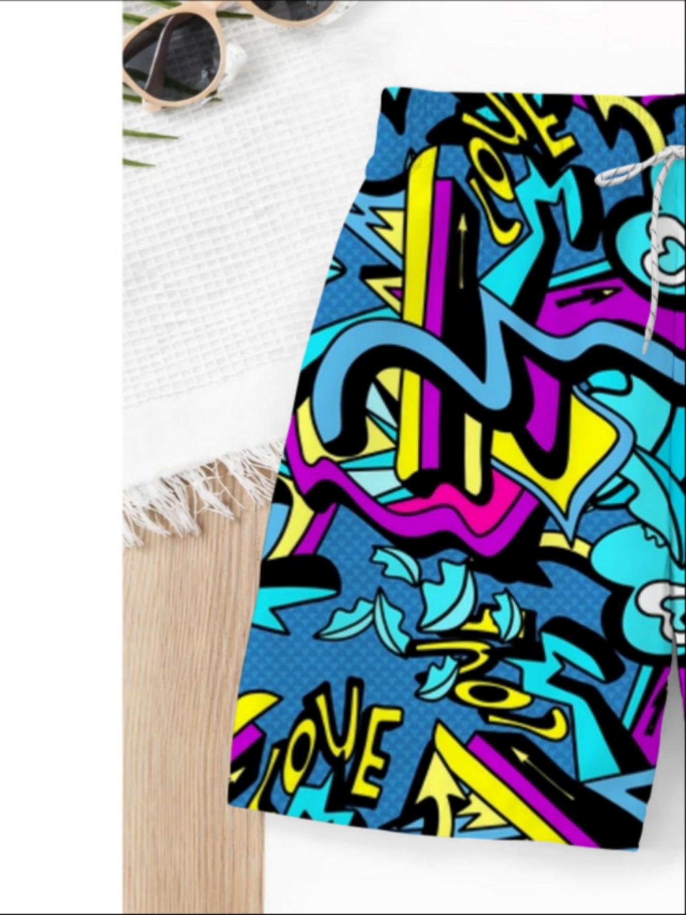 Summer Kids Street Graffiti Print Drawstring Beach Pants, Boys' Loose Fit Trendy Swim Trunks, Casual Short Beachwear for Children
