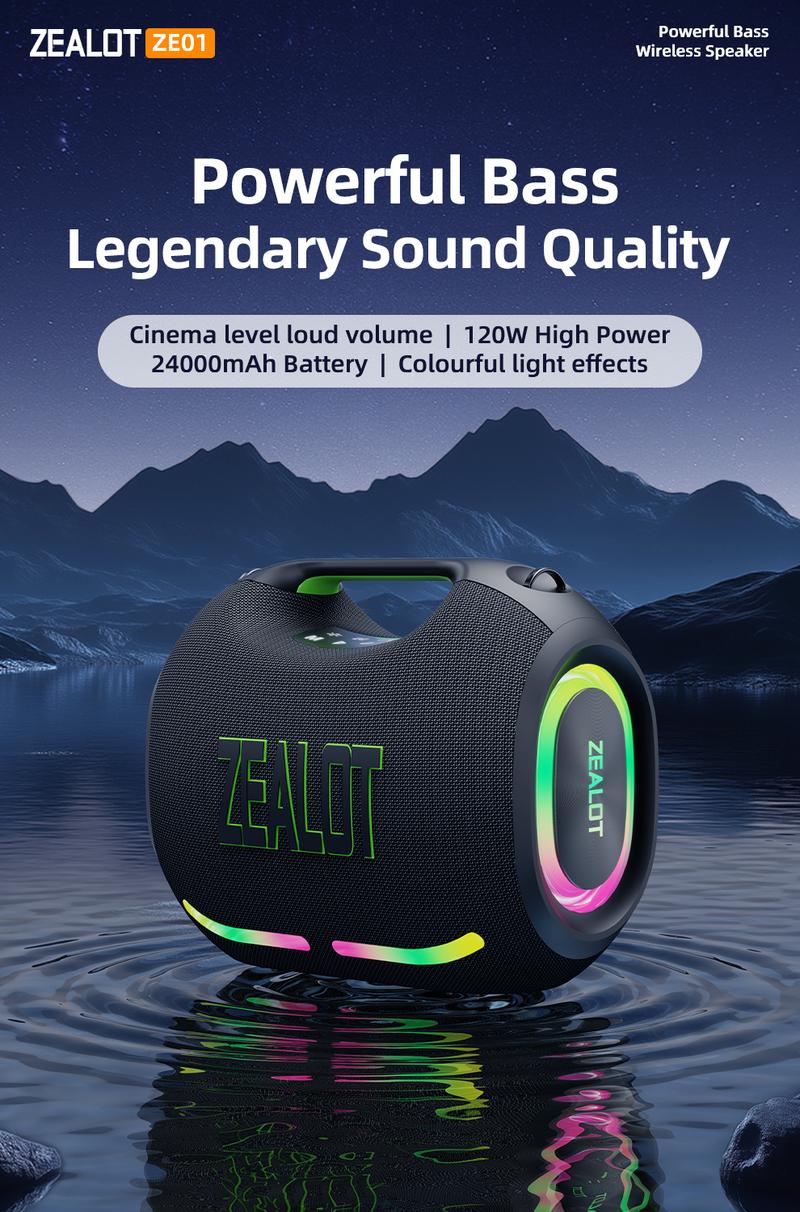 120W【ZEALOT】24000mAh/LIMITED/OFFERS Portable Speaker Bluetooth Speaker Party Speaker Waterproof IPX6 RGB Lights Power Bank TWS supports TWS pairing/USB/TF/AUX/BT smartphones. Ideal choice for family/car/Pool Party/BBQ/camping/gift giving