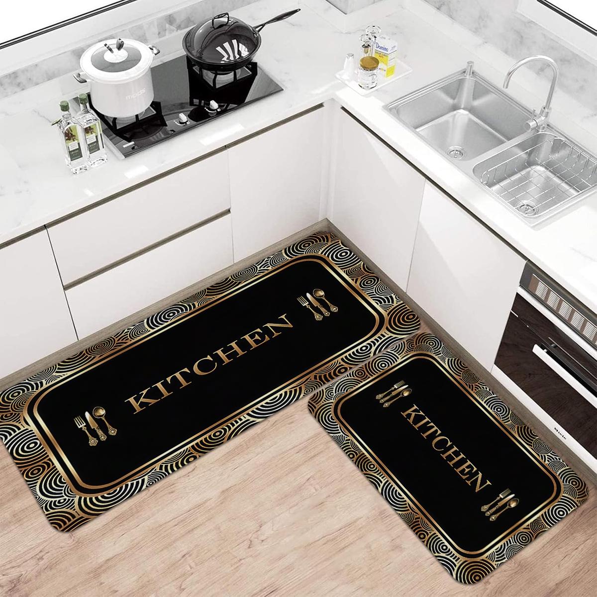 kitchen anti slip carpet floor, black gold geometric texture design printed kitchen floor, soft and comfortable flannel anti slip washable kitchen floor, suitable for kitchen, dining room, room decoration floor, Kitchen Area Rug