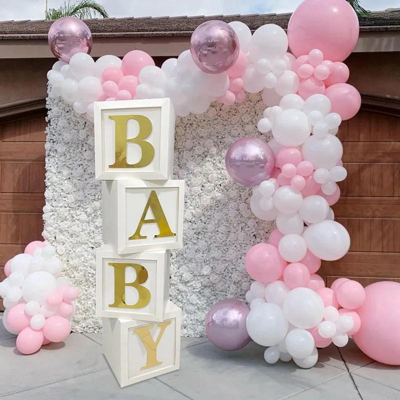 Wood Grain Printing Baby Shower Display Boxes Decoration, Neutral Gender Reveal Backdrop Brown Baby Stacking Blocks Backdrop for Kids Birthday Party