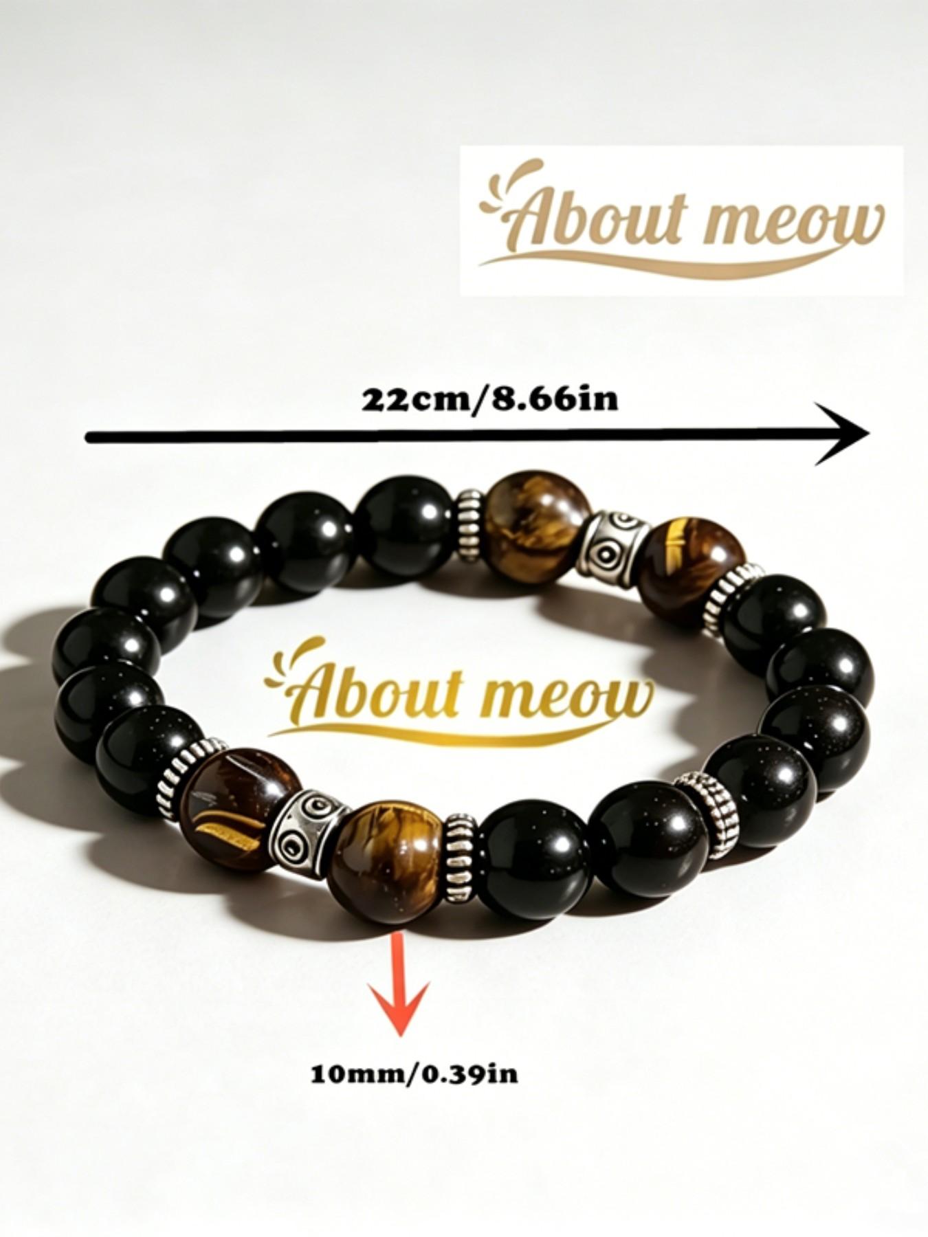 Men's Natural Tiger Eye & Obsidian Bracelet, Silver Color Plated, Handmade Premium Healing Stone, Gift Box Included