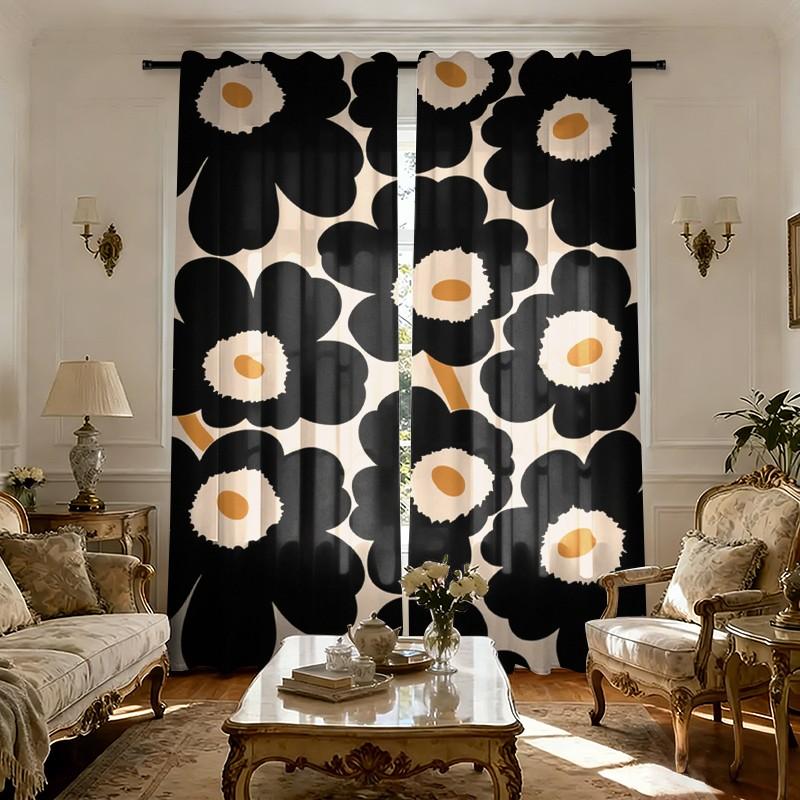 2-piece Spring & Summer Flower Cartoon Print Rod Pocket Curtains, Modern Knit Polyester Curtains, Suitable for Bedroom, Kitchen, Office, Living Room - Machine Washable, Versatile Room Decor, Living Room Curtains