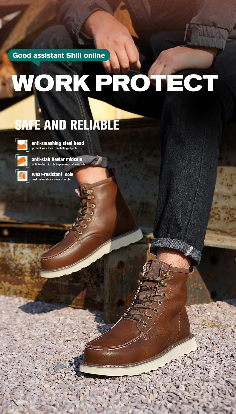 Men's Workwear - style Steel - toe Sports Non - slip Work Shoes, High - top Leather Safety Boots, with Anti - smashing, Anti - piercing, Shock - absorbing and Wear - resistant Properties. Footwear, Fathersday Gift. Classic Boy Closed