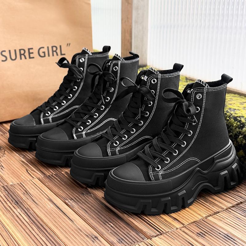 SLNU3 Brand Unisex Thick-Soled Height-Increasing High-Top Casual Sports Shoes with Fabric Upper in Black, Plus Size for Women's Casual Wear