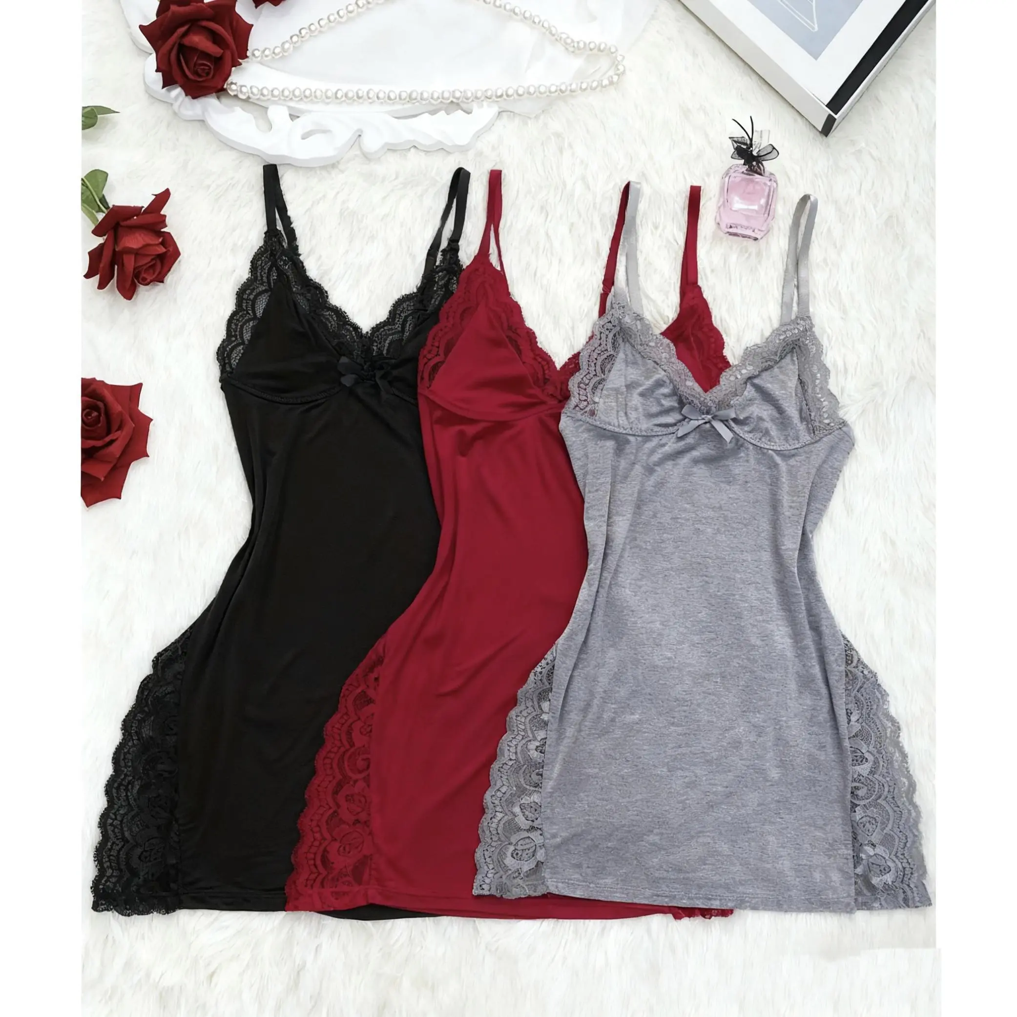 3pcs Of Women's Solid Lace Nightdress, Lace Panels, Skirt Side Slits, Sexy Lace Home Nightdress, Lace Panelled V-neckline Side-opening Modal Nightdress,Lingerie Sleepwear