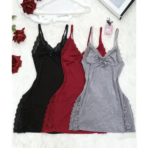 Women's 3-Pc Variety Set Solid Knitting Lace Nightgown (Black-Red-Gray) - Stretchable Modal Fabric, V-Neck, Lace Panels, Side Slits, Side-Opening Loungewear Sleepwear Underwear