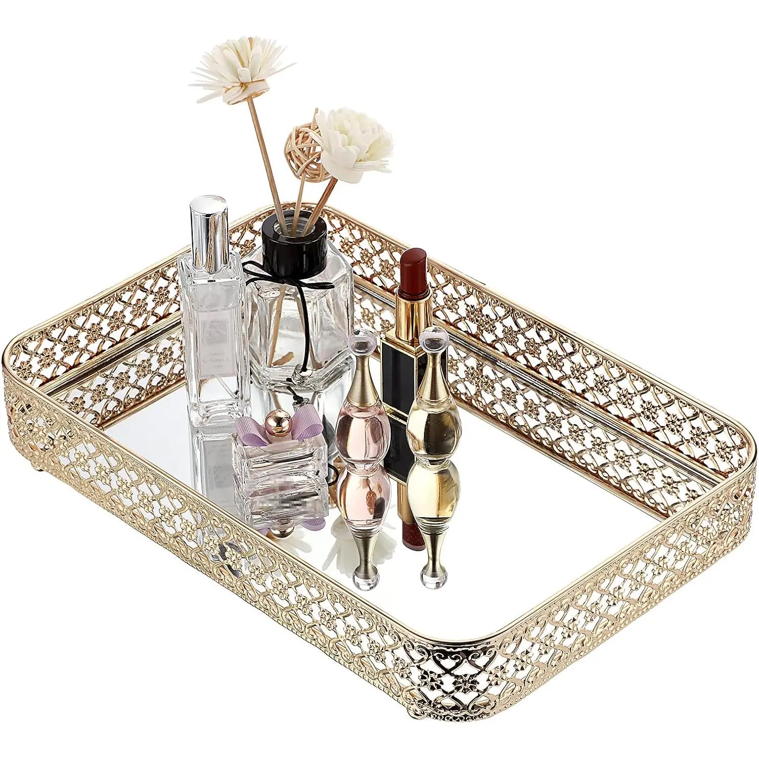 Gold Mirror Glass Perfume & Makeup Vanity Tray, Medium Size