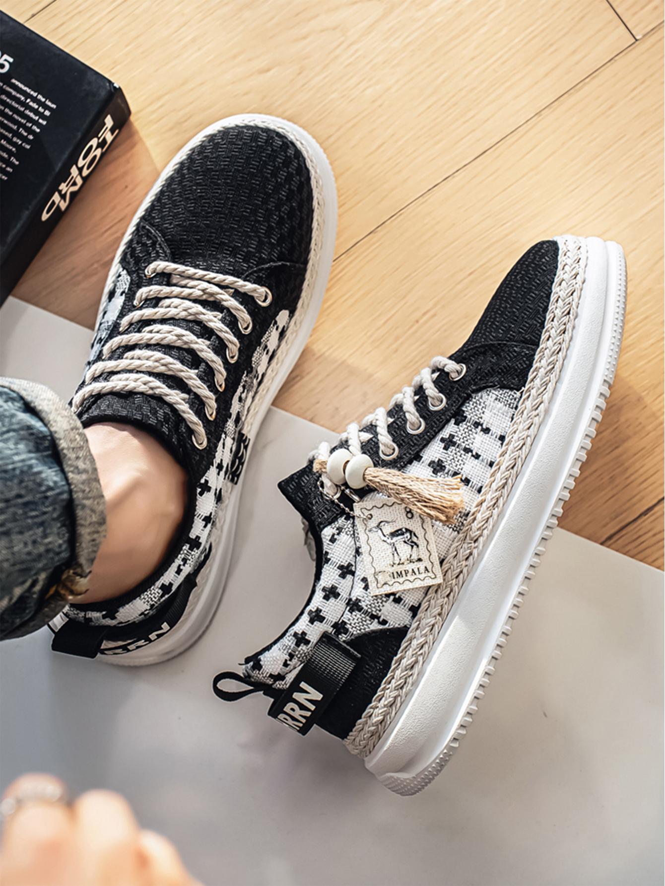 Summer New Men's Retro Plaid Laces, Braided Rope Shoelace Design, Easy-On-Off Hemp Laces, Commuter & Casual Shoes, Versatile Footwear